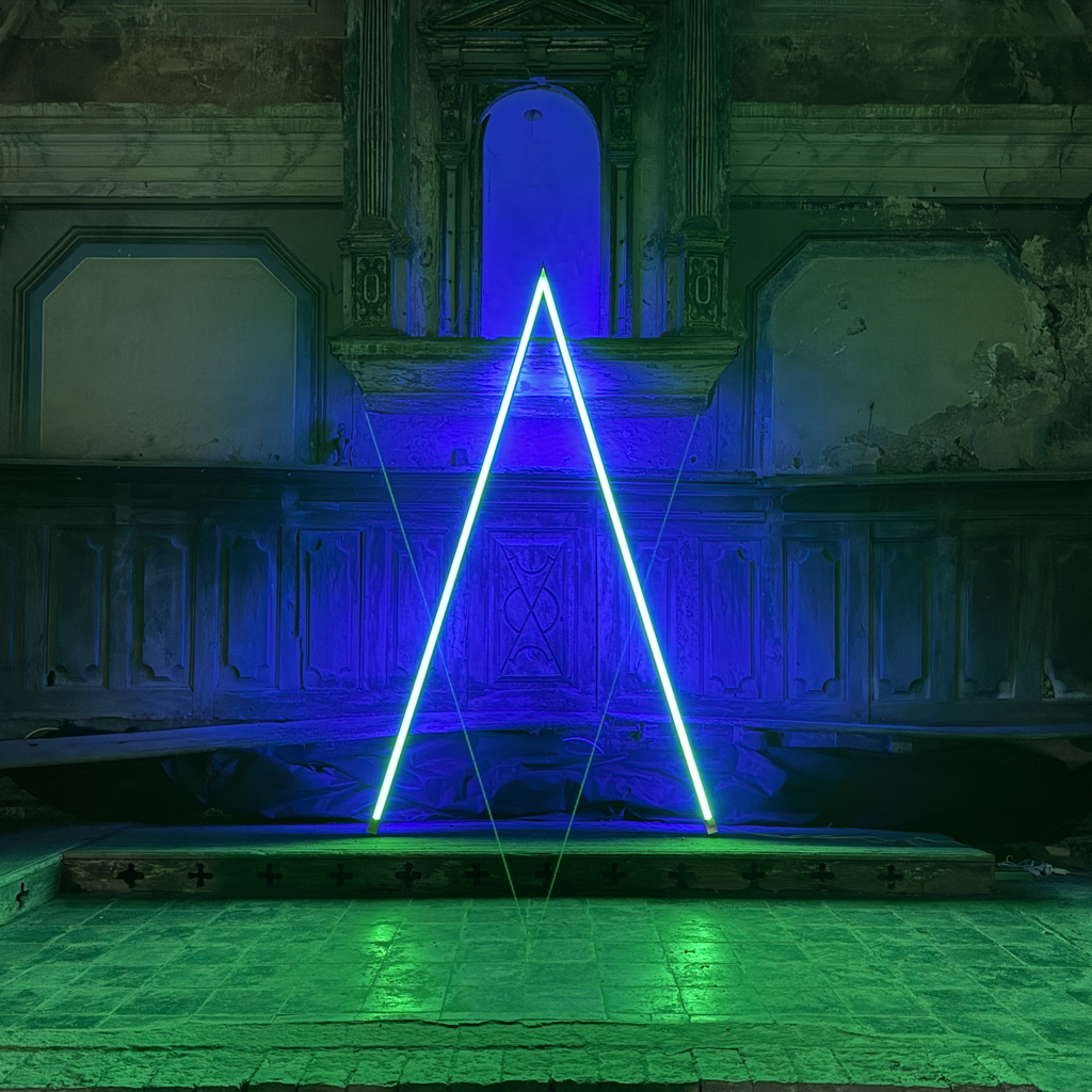 Germinal Monferrato 7 Emilio Ferro, Direction To Langhe, Green And Blue, Scultura 2024, Acciaio Inox, Luce, 297x167cm Chiesa Dei Battuti Vignale Monferrato(AL)